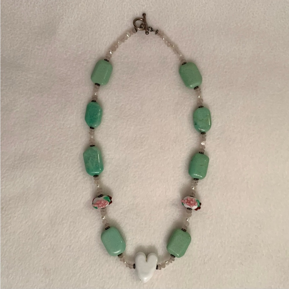 Green Gemstone and Glass Heart Beaded Handmade 17” Necklace - Picture 2 of 4